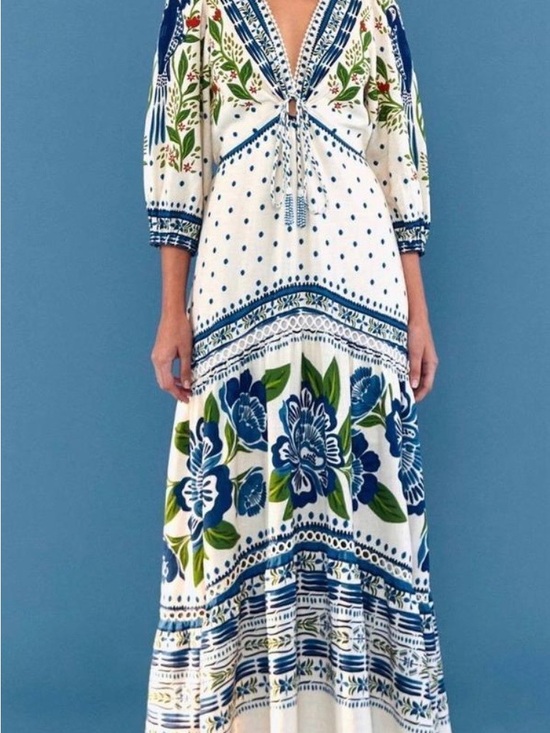 FARM Rio Dresses & Skirts - FARM Rio White Maxi Dress with Blue & Green Floral Print
